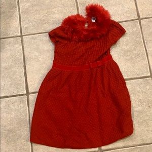 Red Fur Collar Boatmeck Sweater Dress